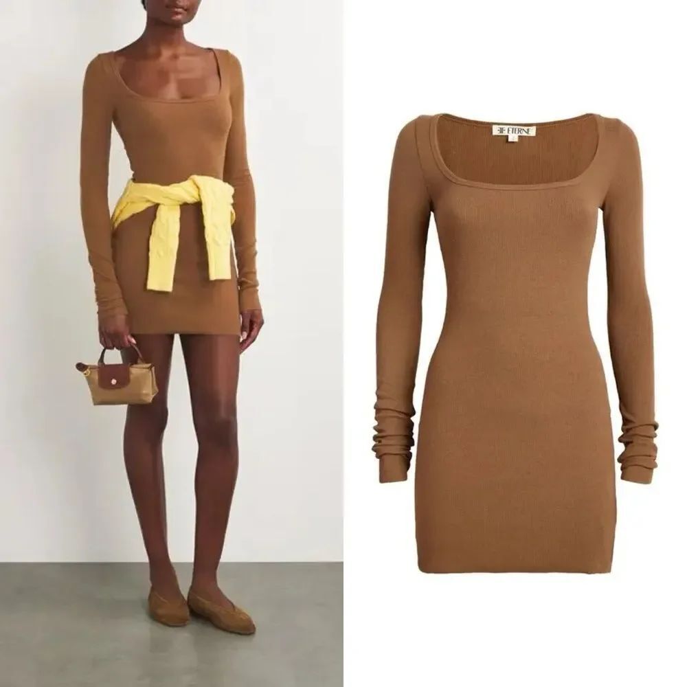 NWT ÉTERNE Cotton-Modal Mini Dress in Camel brown